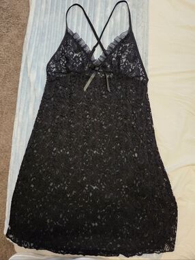 SHEIN Black Lace V-Neck Chemise with Crisscross Straps